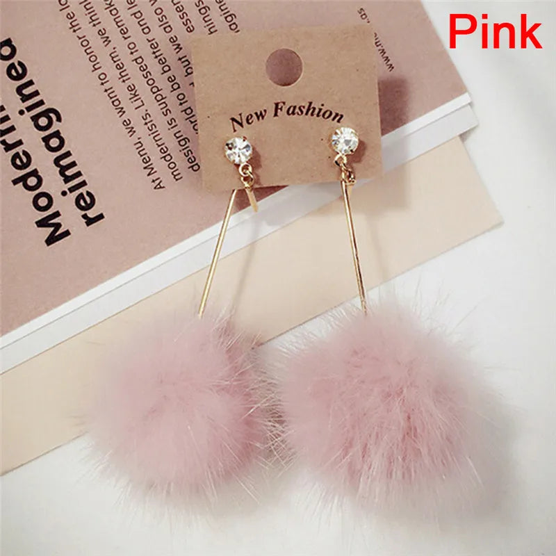 Long Drop Earrings Soft Pom Pom Ear Dangle Rabbit Fur Ball Pom For Women Crystal Earring Jewelry Cute Christmas Gift