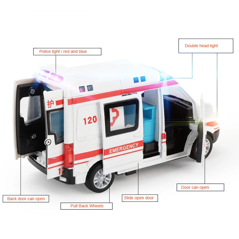 1:32 City Hospital Rescue Ambulance Emergency Police Alloy Metal Diecast Cars Model Sound Light Educational Kids Toys For Childr