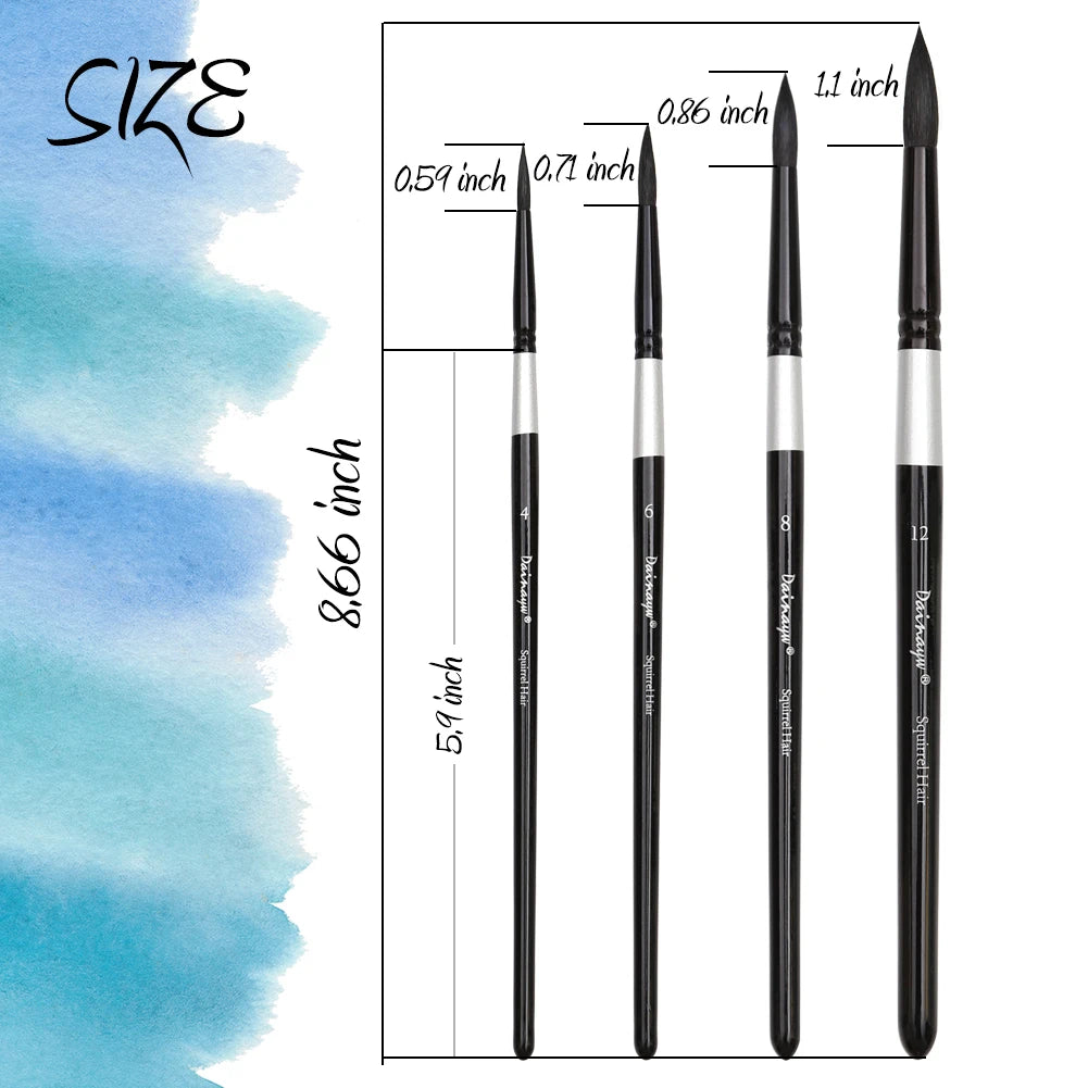 Professional 4Pcs Black Handle Round Brushes set Squirrel Hair Art Painting Brushes for Artistic Watercolor Gouache Wash Mop