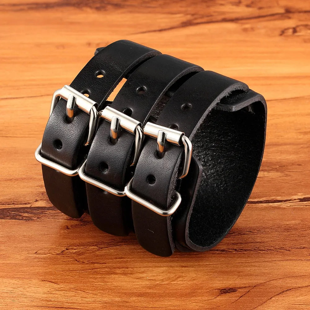 TYO Classic Men's Boys Adjustable Genuine Leather Cuff Bracelet Punk Rock Jewelry Black/Brown Three Layers Watch Bangles