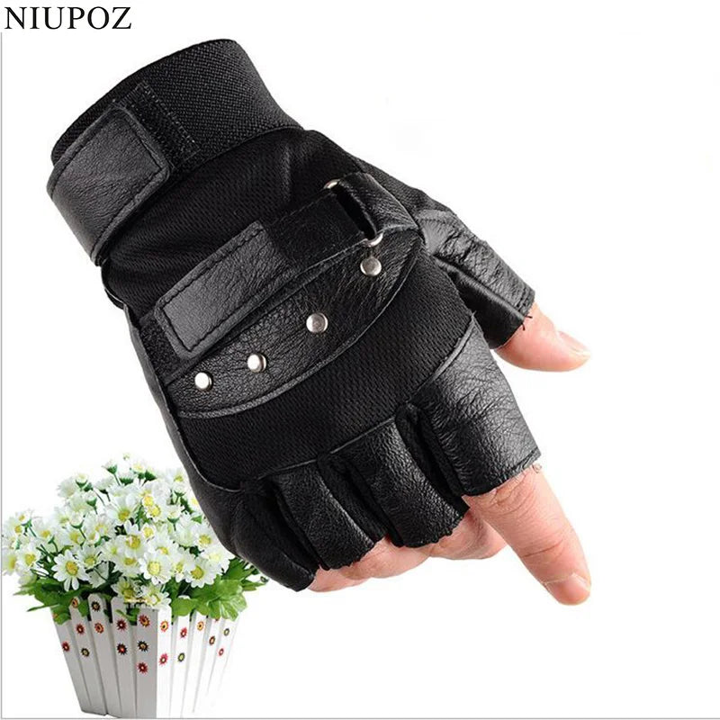 Men's Army Military Tactical Half Finger Leather Fitness Gloves Bike Sport Gloves Gym Exercise Men Black Rivets Punk Gloves G135