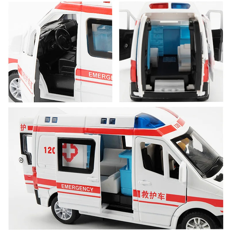 1:32 City Hospital Rescue Ambulance Emergency Police Alloy Metal Diecast Cars Model Sound Light Educational Kids Toys For Childr