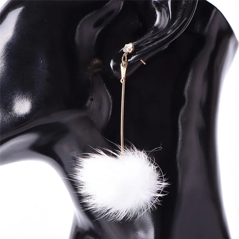 Long Drop Earrings Soft Pom Pom Ear Dangle Rabbit Fur Ball Pom For Women Crystal Earring Jewelry Cute Christmas Gift