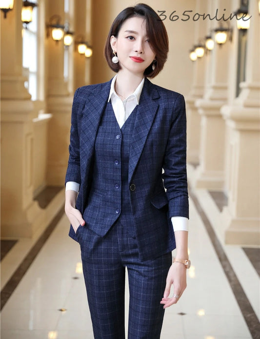 Formal Uniform Designs Pantsuits for Women Business Work Wear Ladies Office Autumn Winter Professional OL Blazers Fashion Plaid