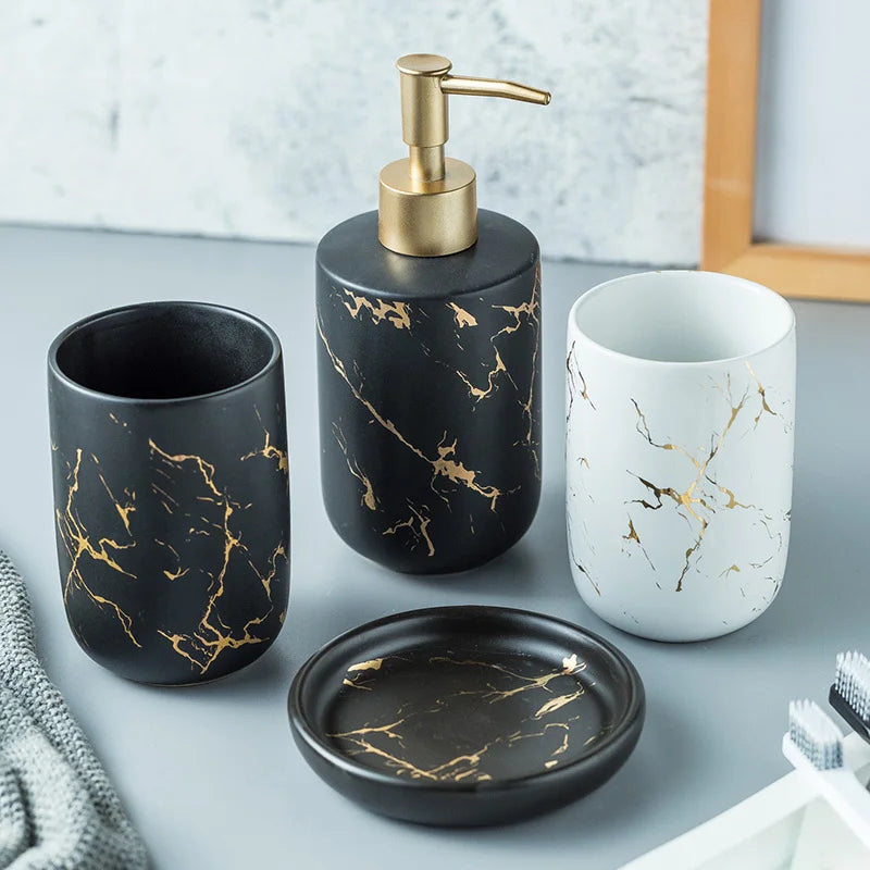 Bathroom Accessories Set Black Gold Marble Bathroom Set With Toothbrush Holder Lotion Dispenser Soap Dish Tumbler Home Organizer