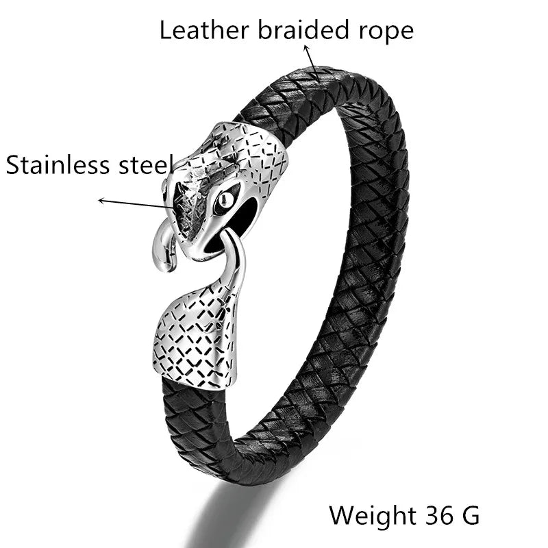 European and American Trendy Punk Style Snake Head Wolf Head Men's Stainless Steel Bracelet Leather Cord Bracelet Jewelry