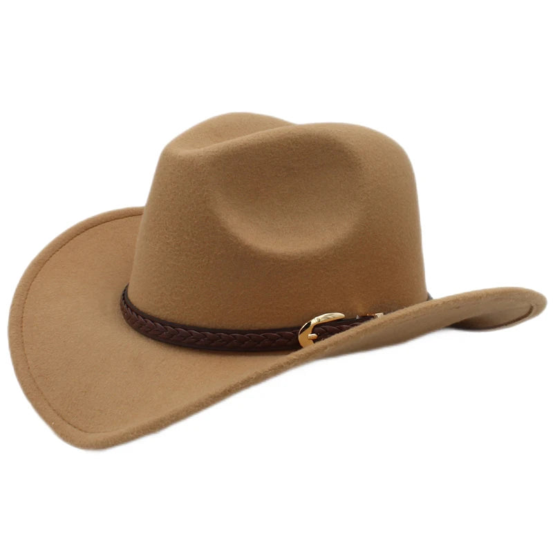 Coffee Leather Band Vintage Parent-child Women Men /Kid Child Wool Wide Brim Cowboy Western Hat Cowgirl Bowler Cap (54-57-61cm)