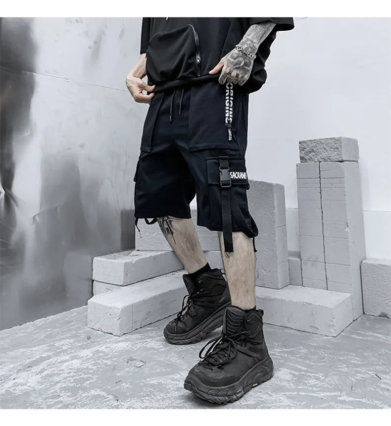 Summer Men Shorts Techwear Japanese Harajuku Fashion Hip Hop Punk Streetwear Cargo Shorts for Male Joggers Ribbons Baggy Clothes