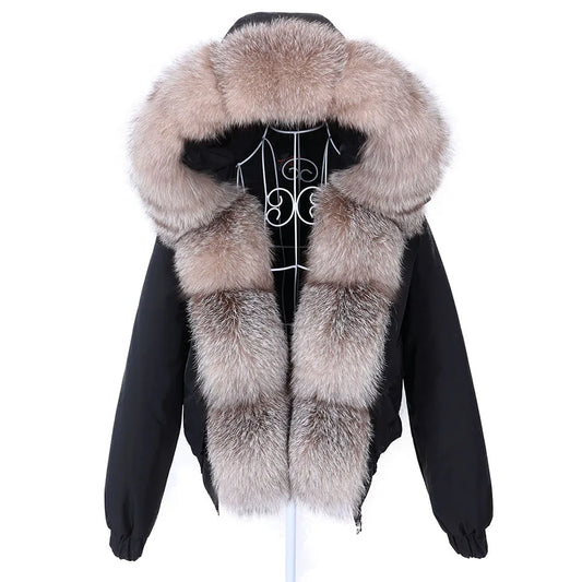 MAOMAOKONG 2023 Fashion Short Women's Real Fox Fur Coat Natural Big Raccoon Fur Collar Winter Parka Bomber Jacket Waterproof