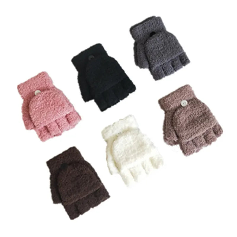 4-9 Years Old Children Coral Fleece Knit Half Finger Flip Cuff Mitten Boy / Girl Winter Plus Velvet Thick Warm Writing Glove C92