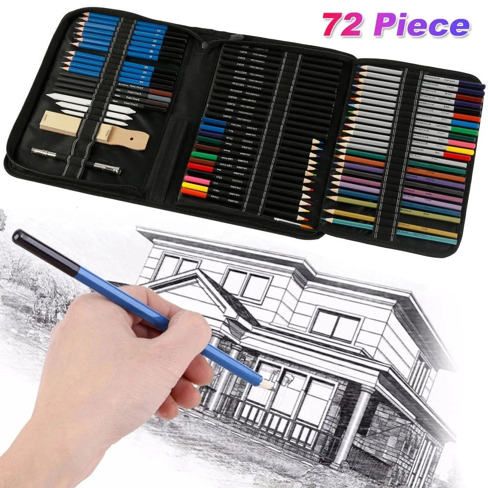 72Pcs Drawing Pencils Set Sketch Colored Pencils Painting Set Watercolor Metallic Oily Complete Artist Kit Painting Art Supplies