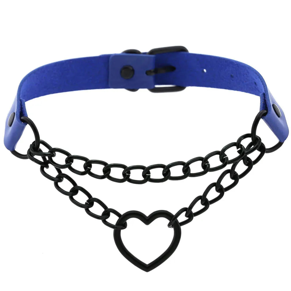 Goth Blue Choker Necklace Women Punk Rock Black Spike Rivet Round Heart Collar Nightclub Unisex Necklace Y2K Holloween Jewelry