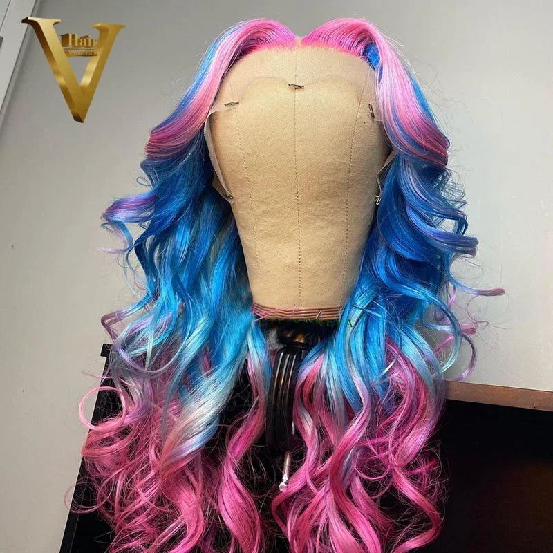 Ombre Pink Blue Colored Human Hair Wigs Brazilian Remy Transparent Lace Front Wigs For Women Preplucked Body Wave HD Frontal Wig