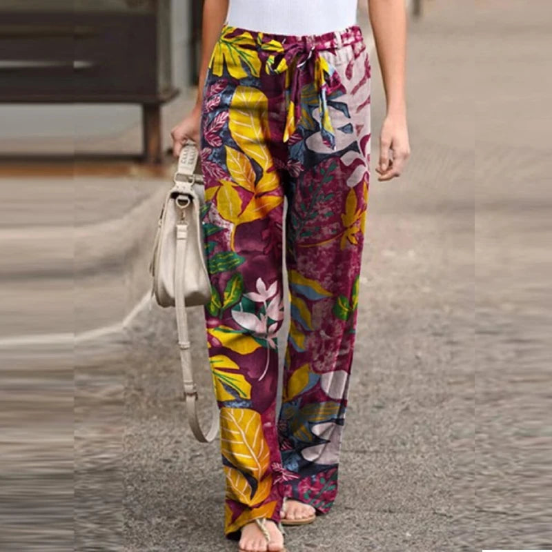 Women Long Pants 2024 Spring Fashion High Waist Drawstring Straight Loose Pants Vintage Printed Casual Ladies Wide-Leg Pant