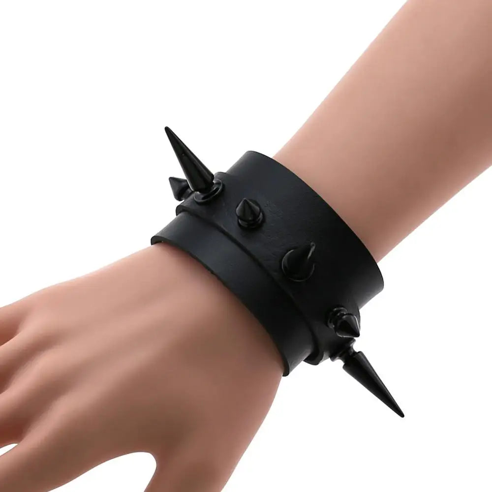 Punk Bracelet for Men Women Goth Black Leather Wristband with Metal Studded Spike Rivets Cuff Bangle Gothic  Jewelry