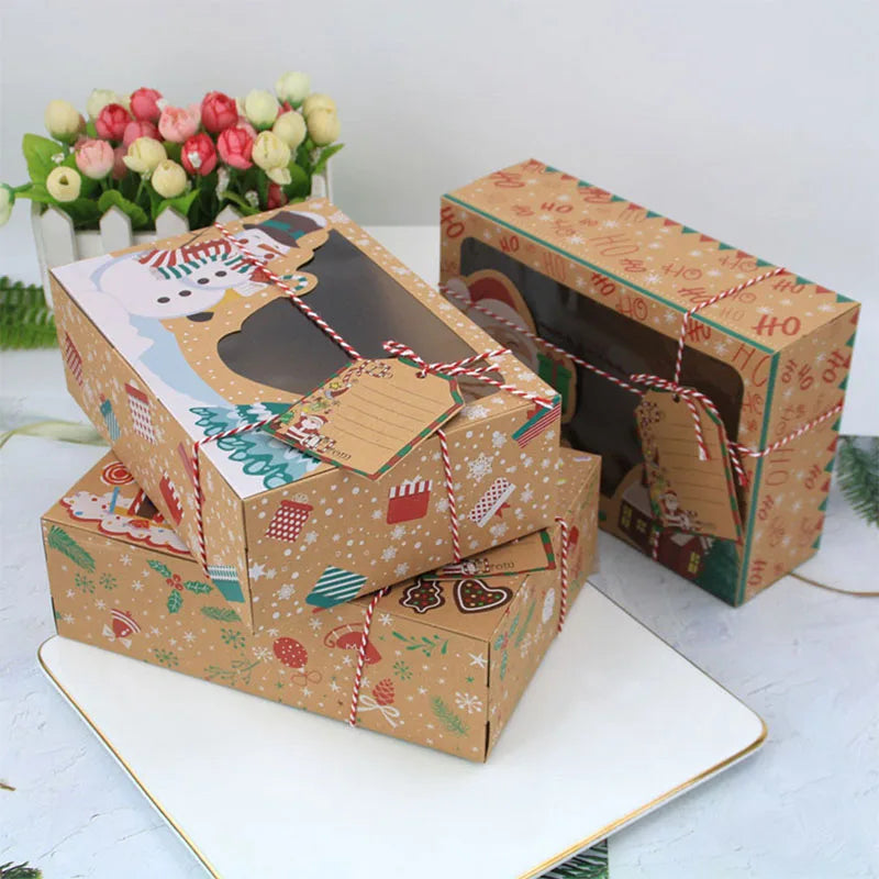 3/6pcs Merry Christmas Cookie Boxes Snowman Santa Claus Food Box with Window Pie Dessert Kraft Paper Package Box Drop Shipping