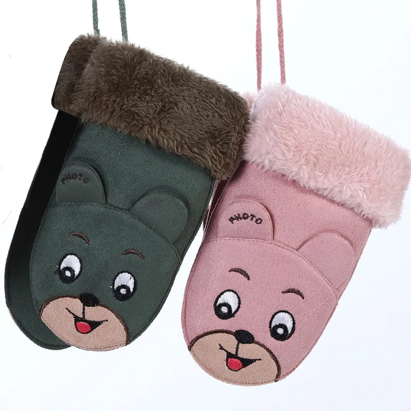 Fashion Lovely Children's Winter Thick Cashmere Warm Cartoon Rabbit Bear Suede Leather Gloves Boy/Girl Faux Sheepskin Glove 100A