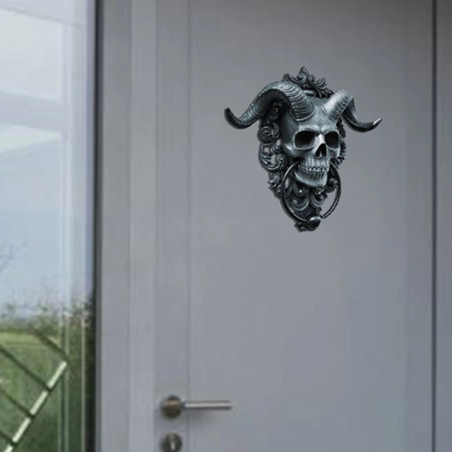 Skeleton Head Door Knocker Decor Resin Goat-headed Figure Hanger 3D Resin Punk Satan Skull Sheep Head Statue Wall Pendant Crafts