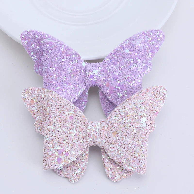 2 Pieces New Girls Butterfly Hair Clips Baby Glitter Hair Barrette Children Hair Rainbow Bows Kids Hairgrips Accessories