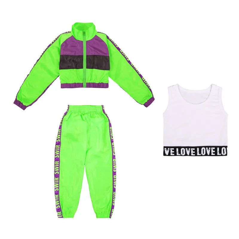 Green Children's Hip Hop Dance Wear Girls Jazz Modern Dancing Costumes Fluorescence Clothing Suits Kids Stage Costumes Outfits