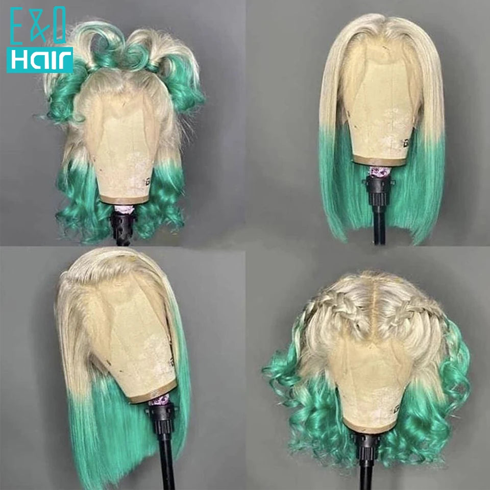 Ombre Colored Wig Straight Short Bob Human Hair Wigs For Women Brazilian Remy Transparent Lace Part  Pre Plucked With Baby Hair