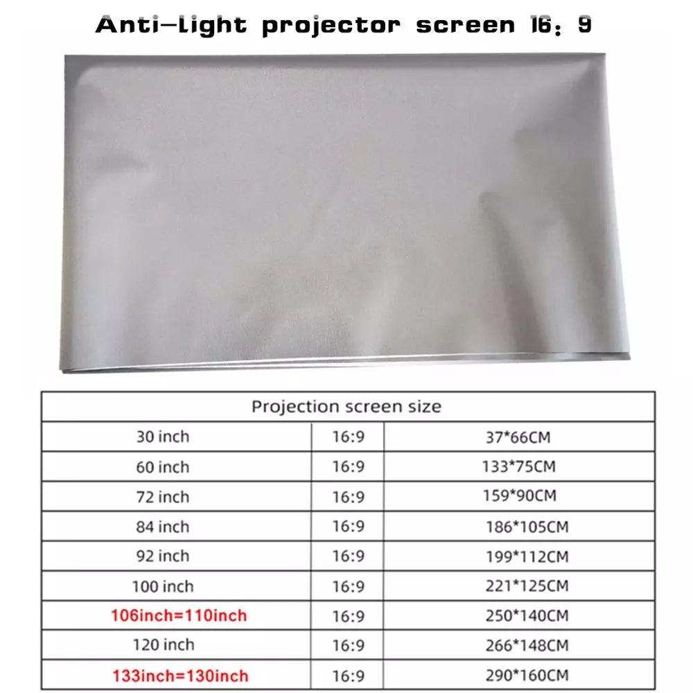 MIXITO 16:9 Simple Projector Screen Anti-Light  84 92 100 106 120 133 Inches Movies For Home Theater Portable Projection Curtain