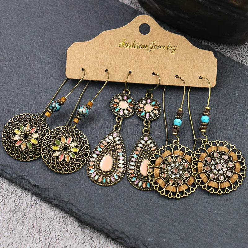 Boho Round Big Handmade Earrings Set for women Geometry Hollow Decorative Pattern Drops of oil Drops of oil Tassel long Earring