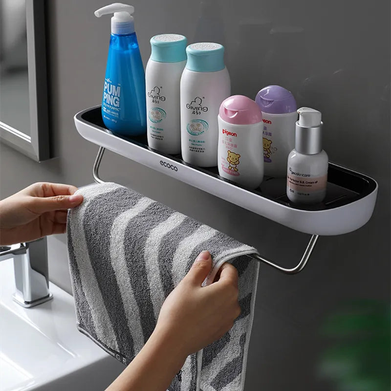 ECOCO Bathroom Shelf Storage Rack Holder Wall Mounted Shampoo Spices Shower Organizer Bathroom Accessories with Towel Bar