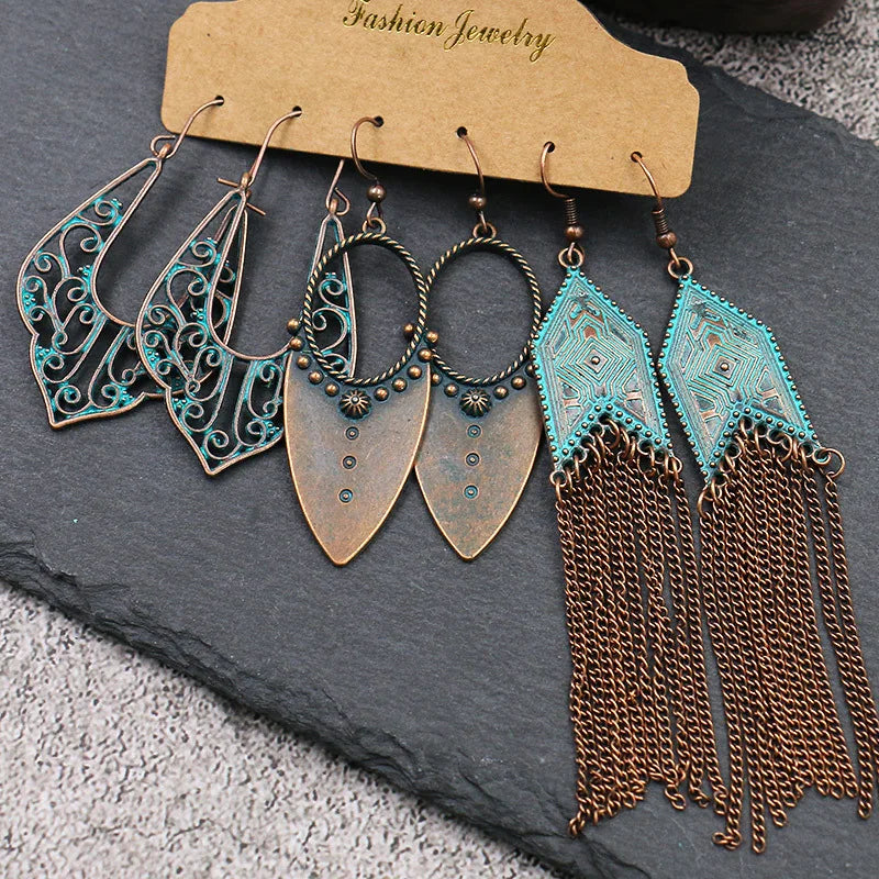 Boho Round Big Handmade Earrings Set for women Geometry Hollow Decorative Pattern Drops of oil Drops of oil Tassel long Earring