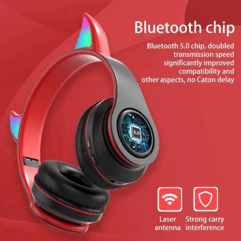 Devil Ear Bluetooth Headphones With Microphone Stereo Music RGB Flashing for Cell Phones Pc Gamer Gaming Headset Kids Boys Gift