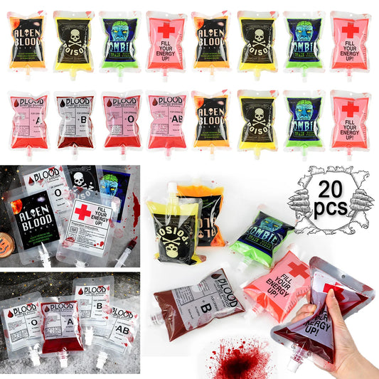 20Pcs Random Halloween Fake Blood Bag Vampire Blood Pouch Props Plasma Juice Drink Bags for Cosplay Halloween Party Supplies