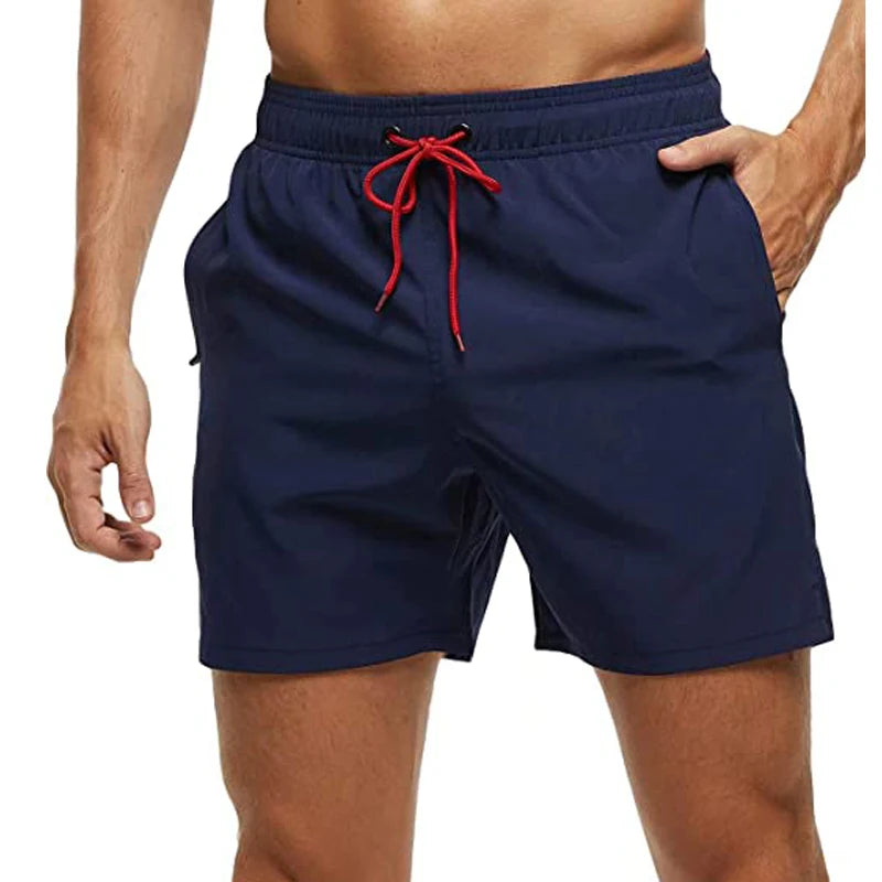 Elastic Closure Men's Swim Trunks Quick Dry Beach Shorts with Zipper Pockets and Mesh Lining