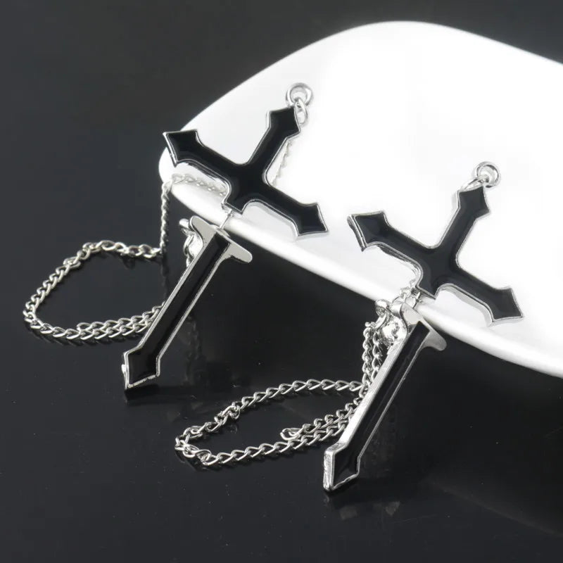 Gothic Punk Black Cross Drop Earrings for Teens Vintage Rock Pride Long Chain Ear Cuffs Ear Clips Women Earrings Girls Jewelry