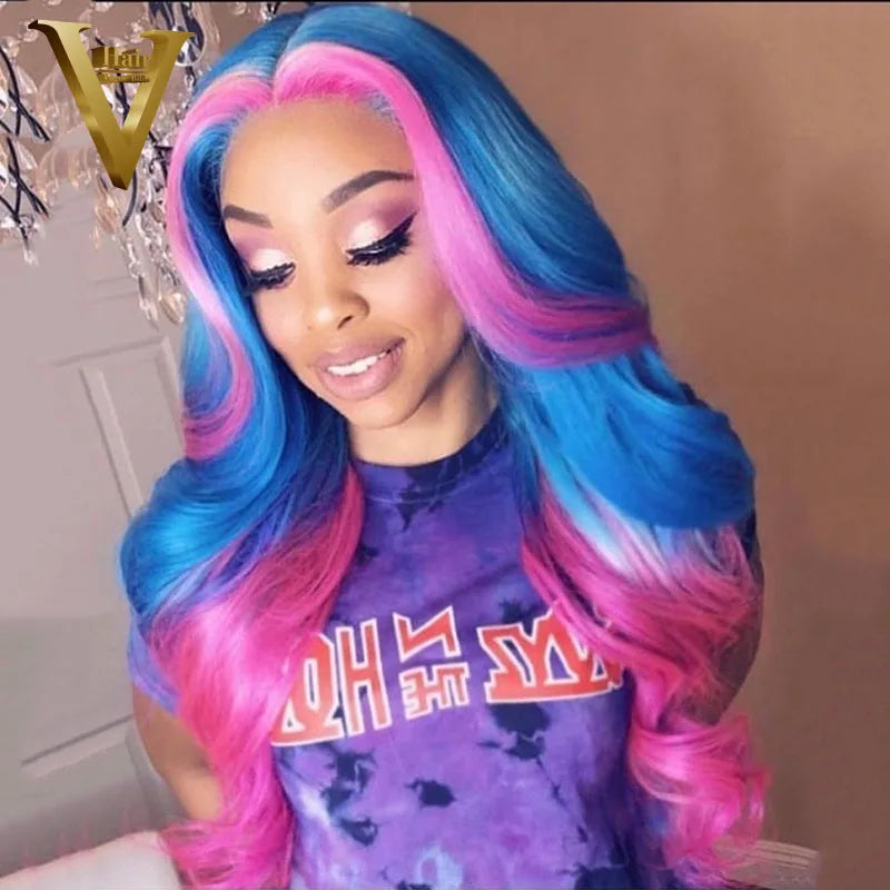 Ombre Pink Blue Colored Human Hair Wigs Brazilian Remy Transparent Lace Front Wigs For Women Preplucked Body Wave HD Frontal Wig