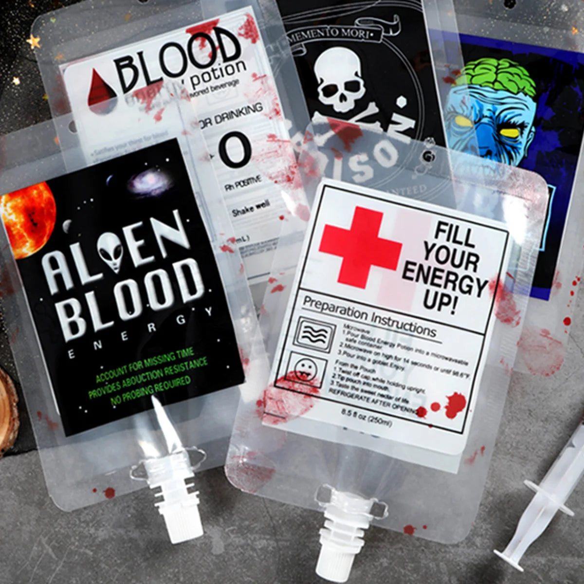 20Pcs Random Halloween Fake Blood Bag Vampire Blood Pouch Props Plasma Juice Drink Bags for Cosplay Halloween Party Supplies