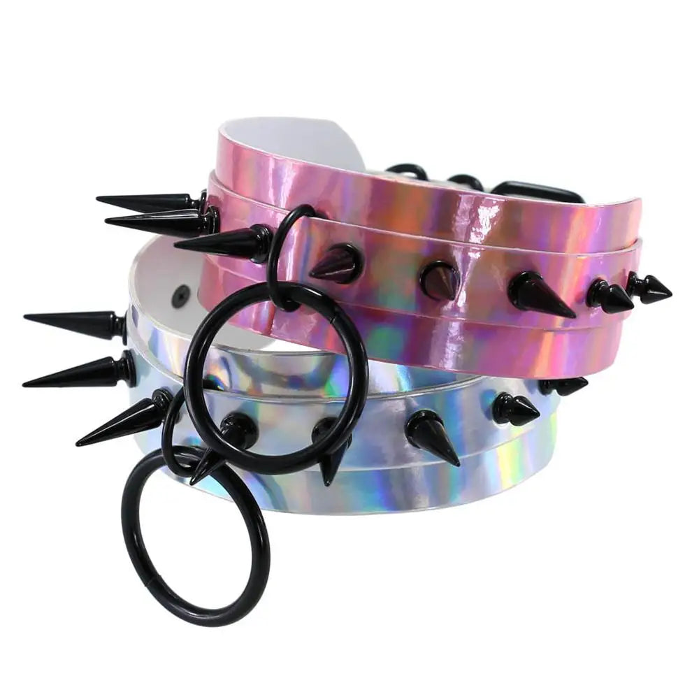 Punk Gothic Black Rivets Spike Laser Hologram PU Leather Choker Necklace for Women Holographic Harness Collar Anime Jewelry Gift