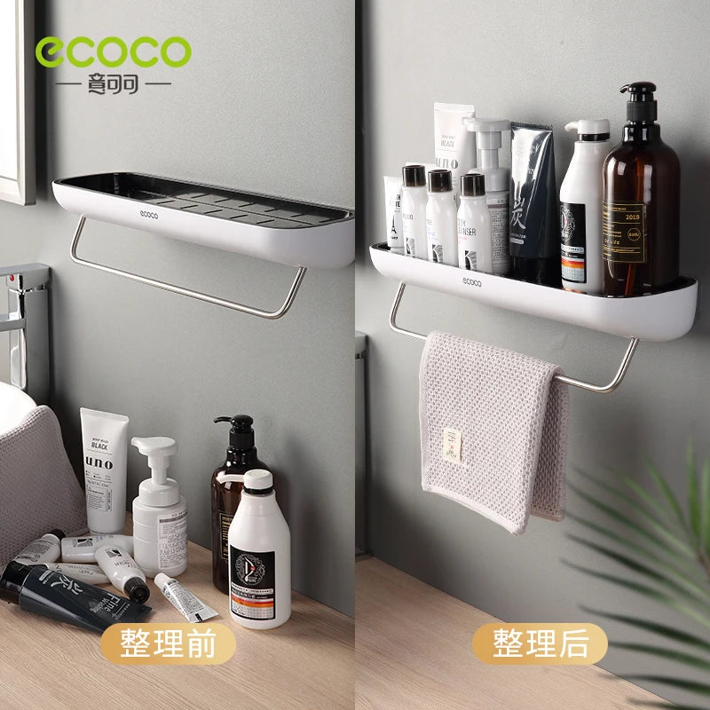 ECOCO Bathroom Shelf Storage Rack Holder Wall Mounted Shampoo Spices Shower Organizer Bathroom Accessories with Towel Bar