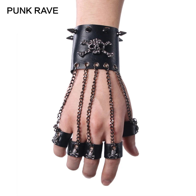 PUNK RAVE Rock Style Man Skull Spike Glove Gothic Men Bracelet  Steampunk PU Leather  Cuff-One  Right