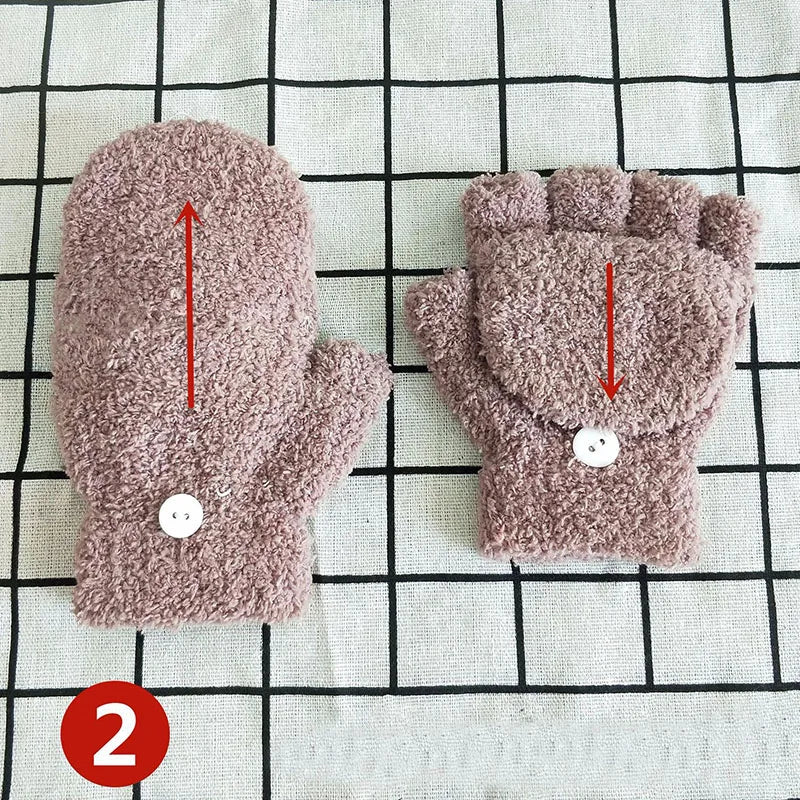 4-9 Years Old Children Coral Fleece Knit Half Finger Flip Cuff Mitten Boy / Girl Winter Plus Velvet Thick Warm Writing Glove C92