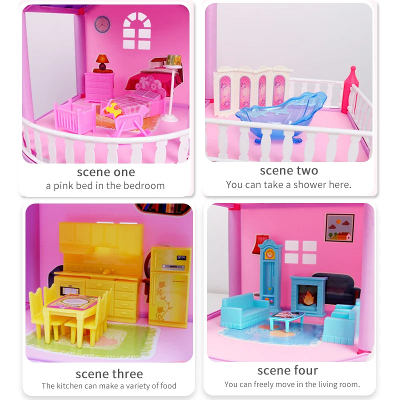 Kids DIY Family Doll House Accessories Toy With Miniature Furniture Garage Assemble Casa Doll House Toys For Girls Birthday Gift