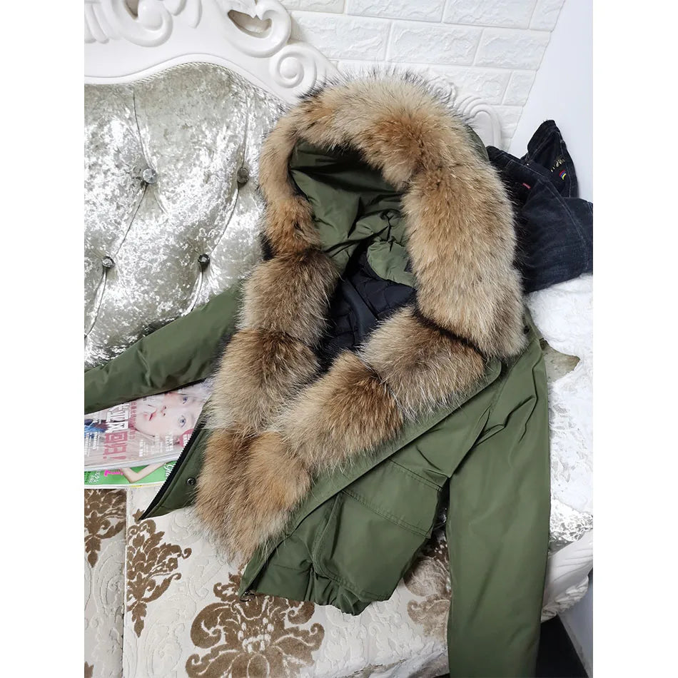 MAOMAOKONG 2023 Fashion Short Women's Real Fox Fur Coat Natural Big Raccoon Fur Collar Winter Parka Bomber Jacket Waterproof