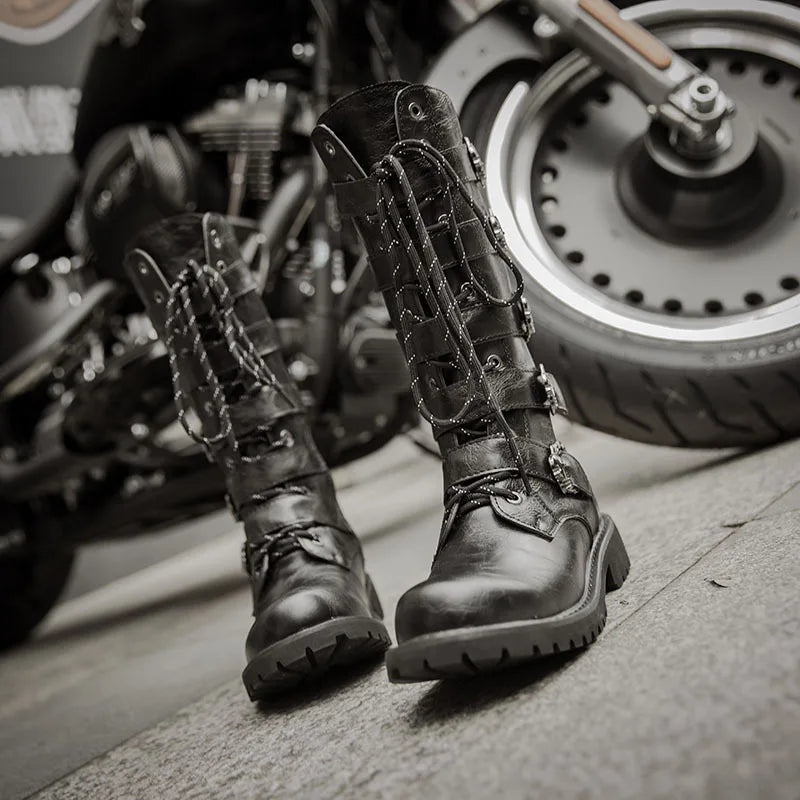 Men's PU Leather Motorcycle Boots High Over the Knee  Boots Gothic Belt Punk Boots Men Shoes Boot