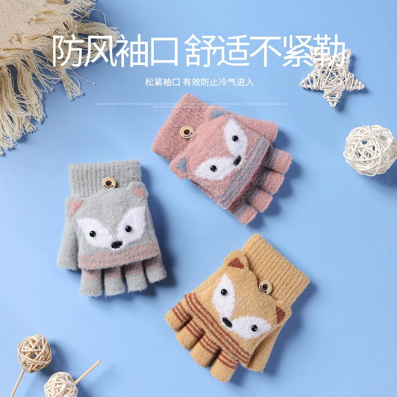 6-10 Years Old Boy Girl Fur Wool Knit Kid Soft Half Finger Flip Glove Children Winter Warm Cute Cartoon Fox Knit Mitten I89