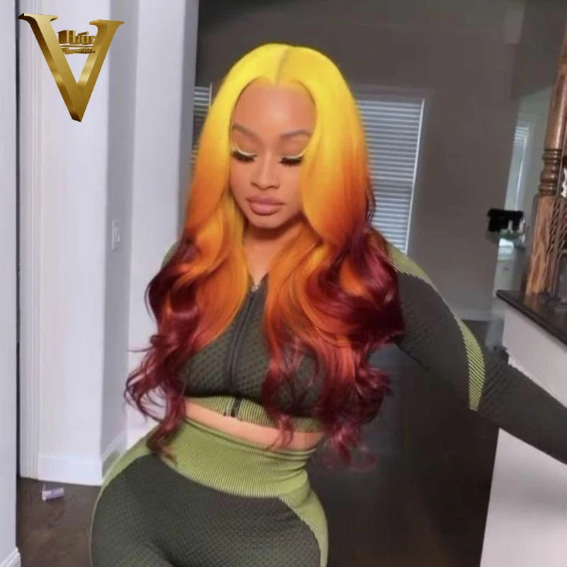 Ombre Yellow Orange Colored Human Hair Wigs For Women Red Brown Body Wave Lace Front Wig Preplucked Transparent Lace Frontal Wig