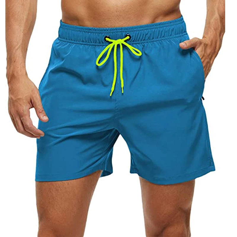 Elastic Closure Men's Swim Trunks Quick Dry Beach Shorts with Zipper Pockets and Mesh Lining