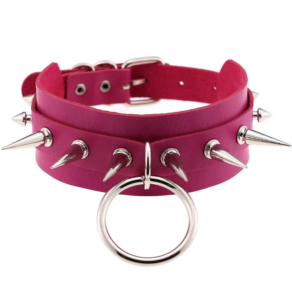 Hot Harajuku Rock Spike Collar Choker Necklaces Women Rose Color PU Leather Choker Punk Goth Neck Festival Jewelry Party Gifts