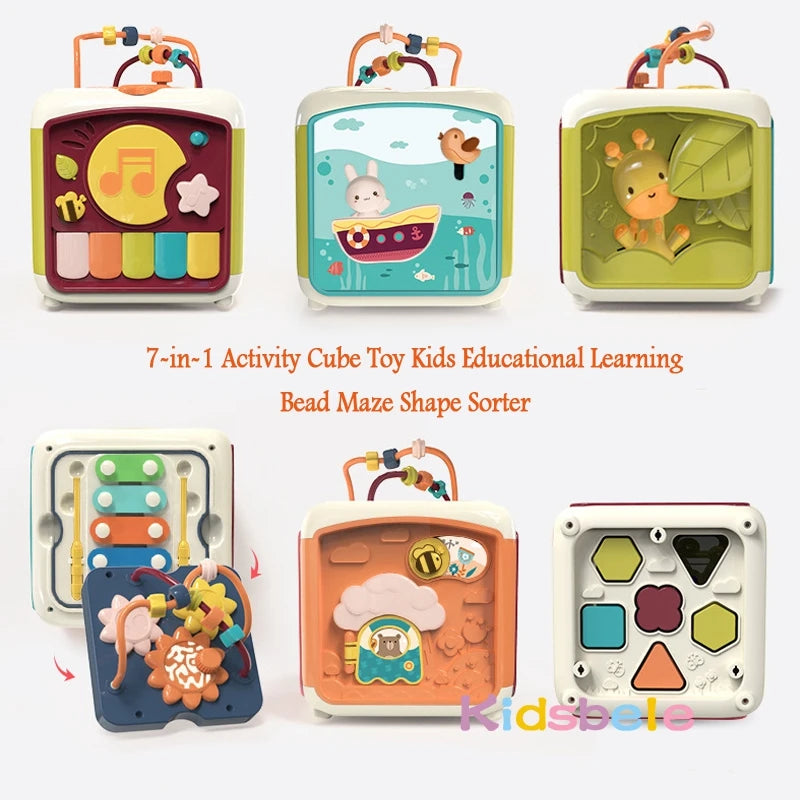 Baby Activity Cube Toddler Toys 7 in 1 Educational Shape Sorter Musical Toy Bead Maze Counting Discovery Toys For Kids Learning