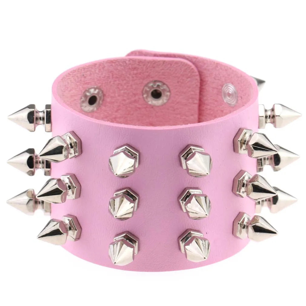 Boho Spike Bracelets For Women Punk Vegan Goth Pink PU Leather Bracelets Cuff Bangles Studded Halloween Wristband Party Jewelry