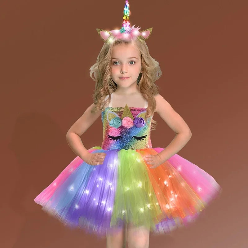 Evening Unicorn Dress LED Light Shiny Flower Girls Costumes for Birthday Party Halloween Cosplay Costume Kids Christmas Clothing