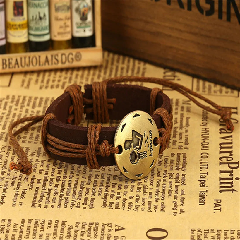 12pcs/lot Fashion 12 Zodiac Signs Leather Bracelet Constellations Charm Bracelets Adjustable Bracelet Bangle Cuff Jewelry Gifts